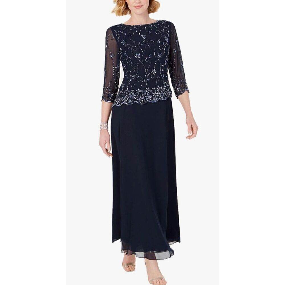 J Kara Women's Petite Beaded Scallop Bodice Asymmetrical Gown